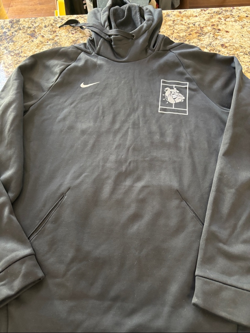 Nike Black Pullover Hoodie with White Swoosh and Bulldog Graphic